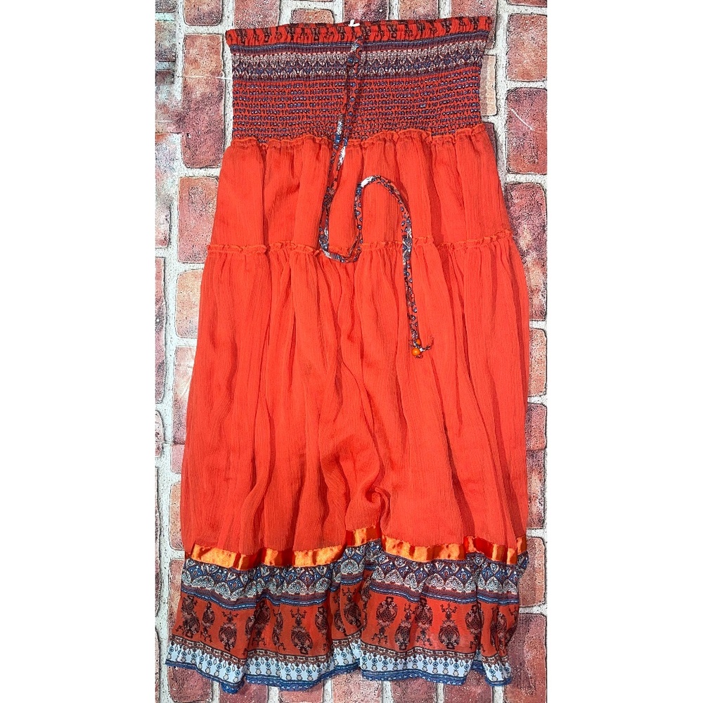 Pre-Owned Lapis Orange Halter Neck Strapless Boho Dress Size L 2671 Flowy